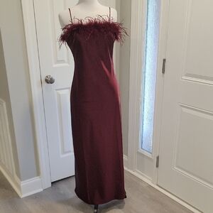 Feather-Trim Burgundy Maxi Slip Dress